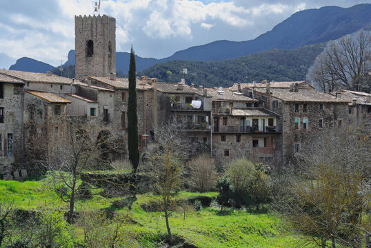Medieval village architecture with old stone houses, Santa Pau, Spain