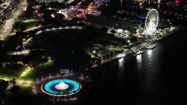 Night aerial video Bayfront Park Miami 2026 fountain