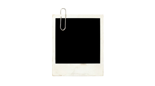 Old vintage instant photo frame with a silver metal paper clip isolated on transparent background