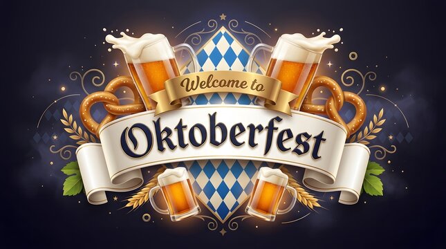 Oktoberfest celebration with beer mugs pretzels and bavarian diamond pattern