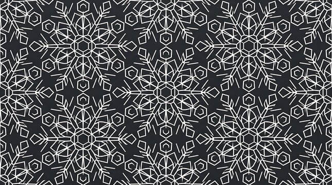 Seamless white geometric snowflake pattern on charcoal background for textile.