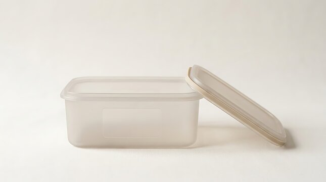 Empty translucent plastic food storage container with a lid resting on the side.