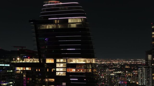 City night aerial video Downtown Miami skyscrapers