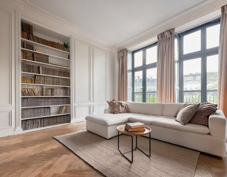 parisian minimalist interior design of modern living room home sofa and bookcase on parquet floor against french windows in room with white classic paneling walls