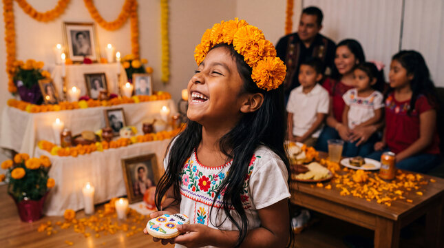 A laughing Mexican girl in a marigold crown holds a sugar skull cookie during a joyful Day of the Dead family celebration.
