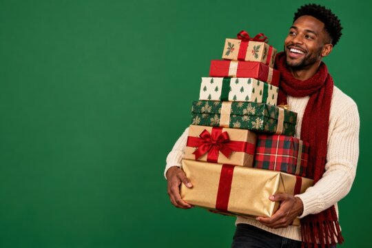 Happy man carrying stack of christmas presents