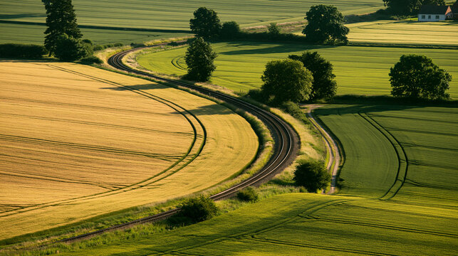 A winding railway track curves through lush green and golden agricultural fields during late afternoon sunlight.