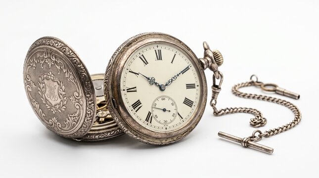 Vintage antique silver pocket watch isolated on white background