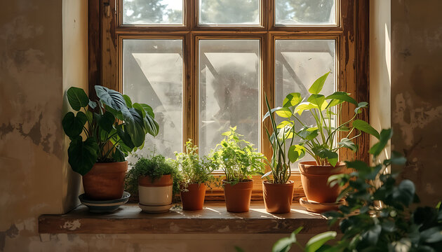 Window Sill with Colorful Flowers and Potted Plants Creating a Cozy Home Garden and Natural Spring Decoration Against a Rustic Wooden Wall