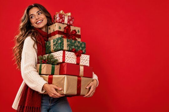 Young woman carrying big stack of christmas gifts