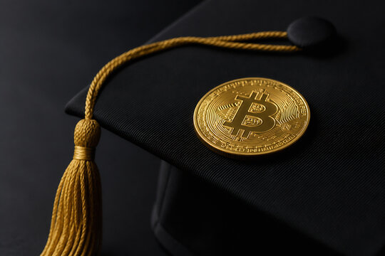 A gold Bitcoin coin rests on a black pouch with a golden tassel against a dark background.