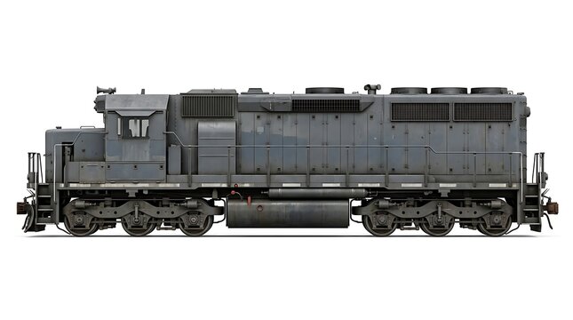 Side view of a heavy industrial diesel locomotive train engine isolated on white background.