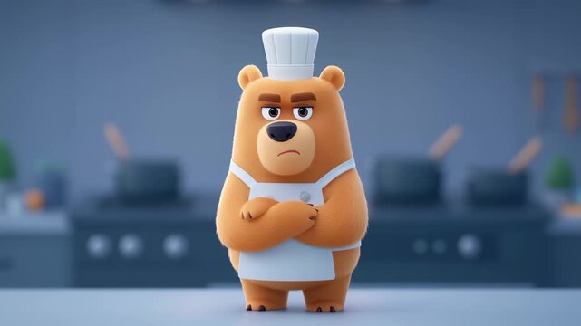 Cute cartoon bear character wearing a chef hat and apron, standing in a professional kitchen and displaying a wide range of facial expressions from angry and skeptical to happy and proud