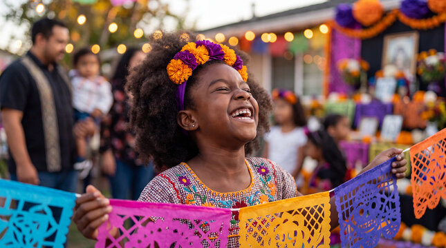 A cheerful Black girl holds a papel picado banner and laughs at a colorful Day of the Dead family party.