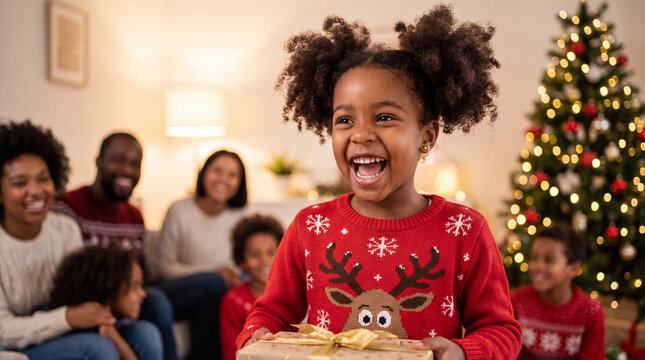 A joyful Black girl in a reindeer sweater laughs while holding a Christmas gift, perfect for holiday family greeting cards and winter marketing.