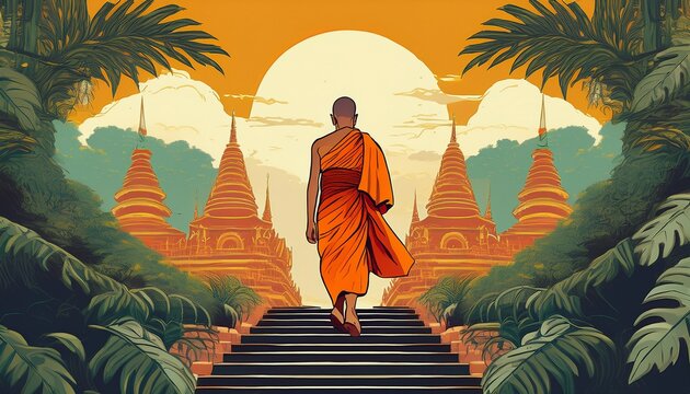 retro poster of a monk in a saffron robe walking up stone stairs to a grand temple in chiang mai thailand surrounded by tropical leaves