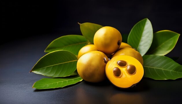 ripe lucuma fruit bunch with green leaves isolated on a dark backdrop natural food photography