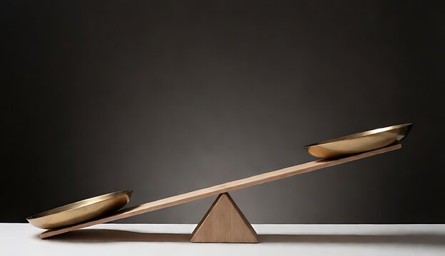 Wooden balance scale with golden plates showing inequality and weight comparison concept
