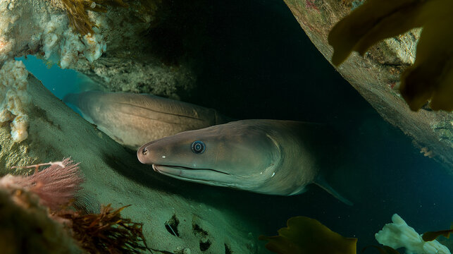 Eel peeking out from underwater rock crevice