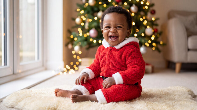 A cute toddler child in a Santa costume laughs during a festive Christmas holiday winter December celebration, ideal for family marketing and seasonal advertising.