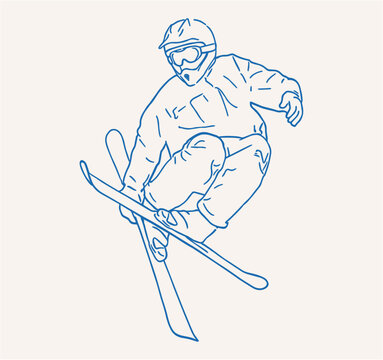 Hand drawn freestyle skier performing a jump trick with skis, helmet, goggles, and winter sports wear in blue ink line art vector style.
