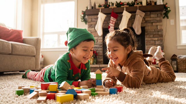 Cute toddler children in elf and reindeer costumes laugh while playing by Santa gifts during a festive Christmas holiday winter December celebration for family marketing.