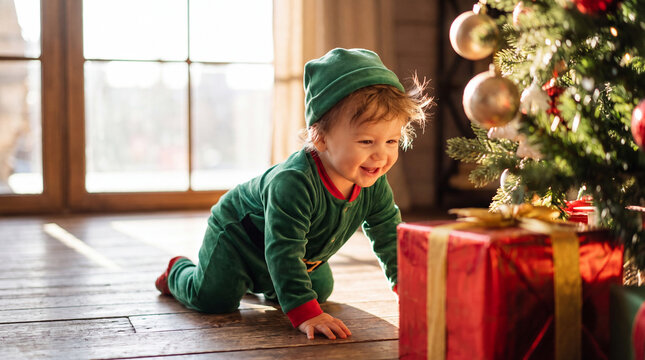 A cute toddler child in an elf costume crawls toward a Santa gift during a festive Christmas holiday winter December celebration for family marketing.