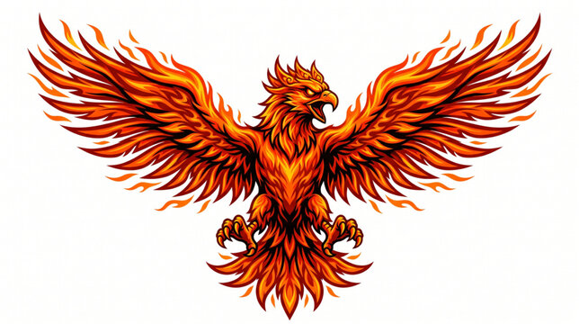 Burning phoenix bird illustration with wide open wings