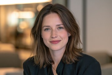 Obraz premium Bright head-and-shoulders portrait of a happy woman in business attire, direct gaze