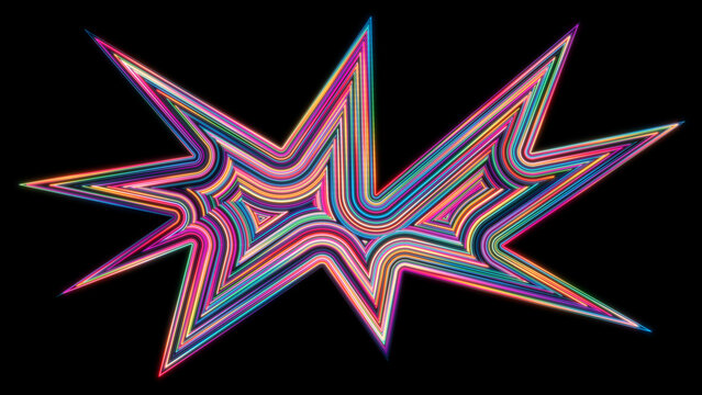 A vibrant, multicolored starburst shape radiates with neon hues against a stark black background.