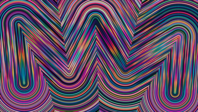 Vibrant, multicolored wavy lines create a dynamic, hypnotic pattern with bold curves and vivid hues.
