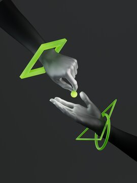 A hand transfers a glowing green orb to another hand, symbolizing exchange or connection. Modern 3D abstract artwork for theater, branding, or business presentations.