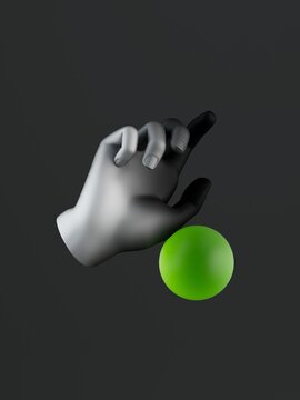 A smooth, metallic hand reaches toward a glowing green sphere against a dark background. Abstract 3D illustration with a theatrical and business aesthetic.