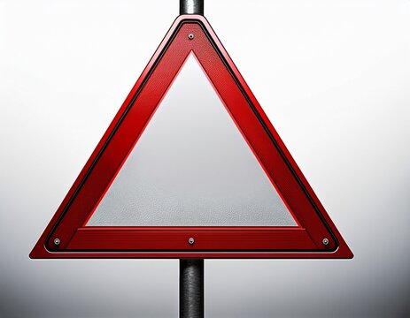 triangular road warning sign on a dark metal pole displaying a red border with empty center on a white background