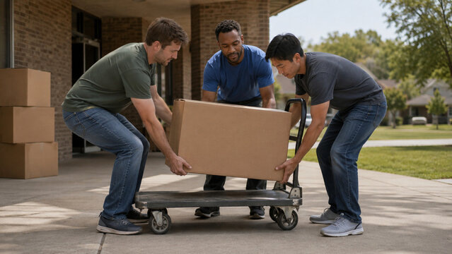 Male Volunteers Load a Donation Box Onto a Hand Cart