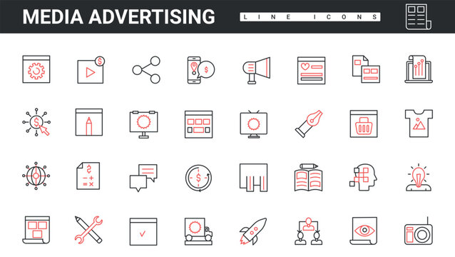 Set of media advertising line icons including digital marketing, analytics, branding, and creative tools for business promotion and communication concepts vector illustration