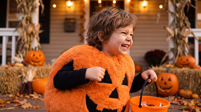 A child in a pumpkin costume laughs at a festive Halloween holiday party, creating fun spooky autumn October celebration moments for seasonal marketing.