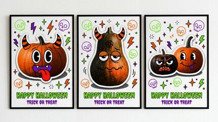 Fototapeta premium Three framed Halloween posters featuring cartoon pumpkins with devil horns and silly expressions on white backgrounds with neon skull icons and lightning bolt decorations for festive holiday.