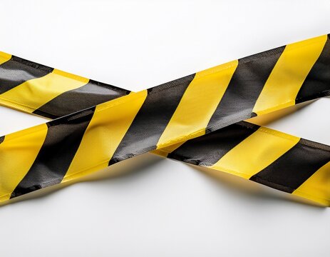 two strips of wrinkled yellow and black striped caution tape for restricted areas isolated on white background