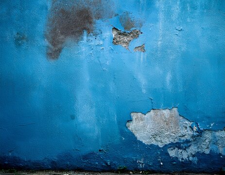 urban grungy background with a blue plastered wall showing damp and peeling paint perfect for copy space image
