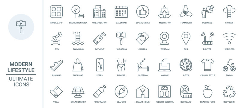 Modern lifestyle thin line icons set vector illustration. Outline symbols for fitness and yoga calendar, social media and vlog mobile apps, shopping and payment with credit card, wireless router