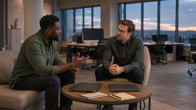 Male Coworkers Debrief Together After a Stressful Workday