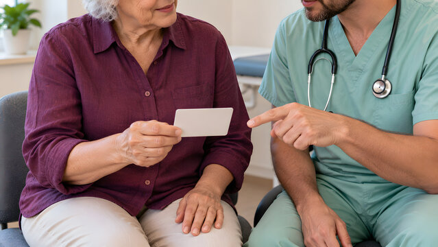 Older woman holds a card while a healthcare professional points toward it, showing guidance, referral support, practical assistance, community care, and social prescribing service access.