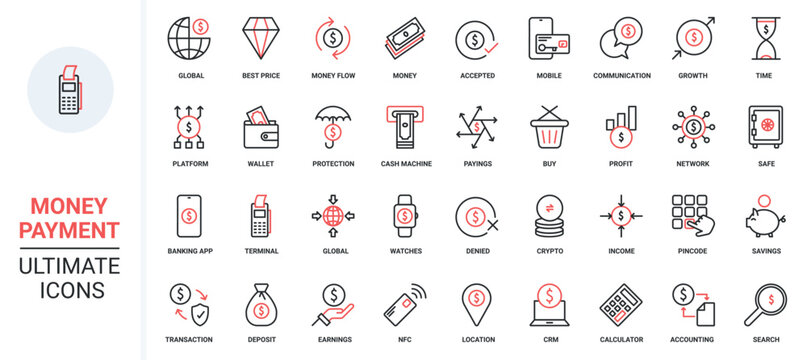 Bank account protection and profit, shopping with wallet mobile app, POS terminal. Money payment, financial accounting, savings and banking trendy red black thin line icons set vector illustration.