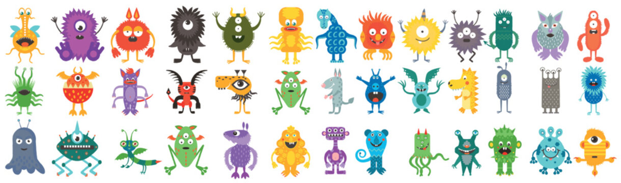 Funny cartoon monsters in various shapes, colors, and expressions, perfect for kids&rsquo; designs, games, and playful projects, isolated on white background vector illustration