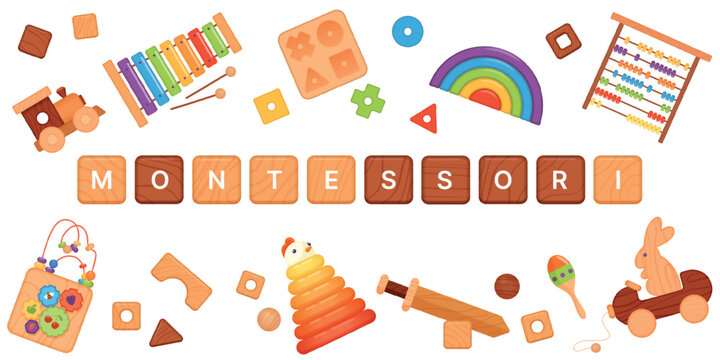 Montessori banner design vector illustration. Cartoon isolated wooden cubes with Montessori lettering, geometric puzzle blocks and abacus, pyramid and rainbow toys for early kids development