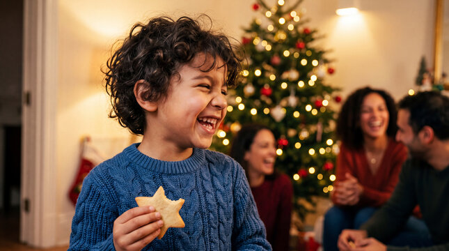 A delighted North African boy in a blue sweater holds a star-shaped Christmas cookie while family decorates the tree at home.