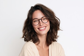 Obraz premium Bright studio portrait of a happy brunette with eyewear on a plain white background