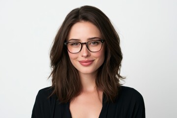 Obraz premium Bright studio portrait of a happy brunette with glasses in a minimal white setting
