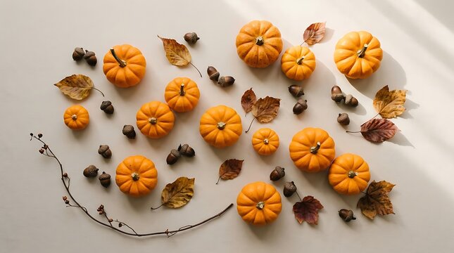 Flat lay arrangement of small orange pumpkins and autumn leaves on a neutral background